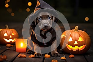 Funny black puppy in a cloak sitting next to a pumpkin, Halloween, thanksgiving concept
