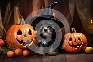 Funny black puppy in a hat sitting next to a pumpkin, Halloween, thanksgiving concept