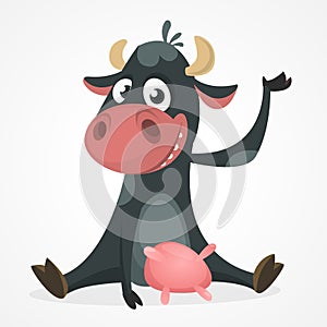 Funny black and white spotted cow character pointing to something, cartoon vector illustration