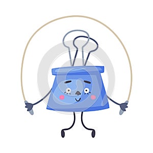 Funny Blue Binder Clip as Office Supply Humanized Character Skipping Rope Vector Illustration