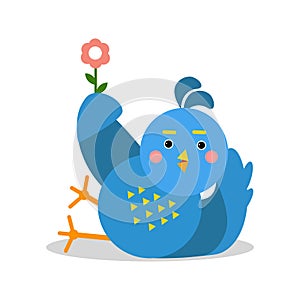 Funny blue bird lying and holding flower cartoon character vector Illustration