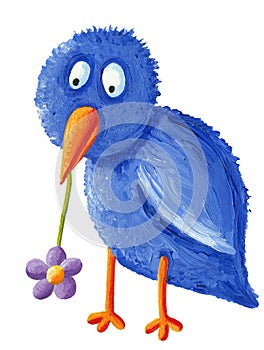 Funny blue bird with purple flower in the beak