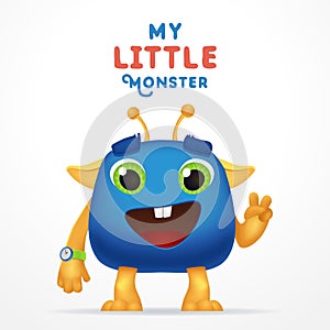 Funny Blue Cartoon alien invader. my little monster typography. Cute Fluffy character with watch isolated on light photo