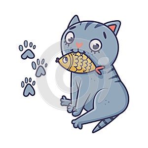 Funny Blue Cat with Striped Tail Sitting with Fish in Its Mouth Vector Illustration