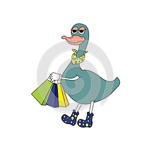 Funny blue duck in shoes on shoppig