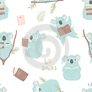 Funny blue koala, hand drawn seamless pattern