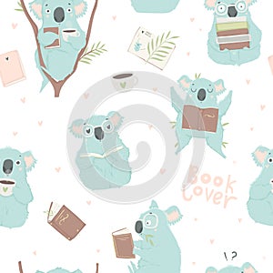 Funny blue koala, hand drawn seamless pattern