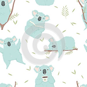 Funny blue koala, hand drawn seamless pattern