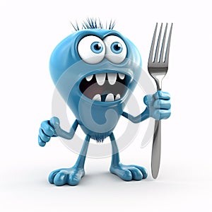 Funny blue monster cartoon character holding cutlery isolated on transparent background