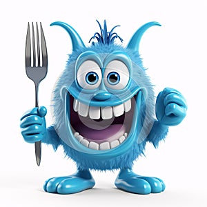 Funny blue monster cartoon character holding cutlery isolated on transparent background
