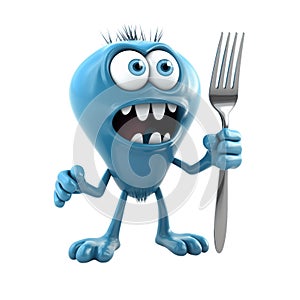 Funny blue monster cartoon character holding cutlery isolated on transparent background