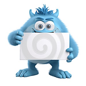 Funny blue monster cartoon character holding a white blank sign isolated on transparent background