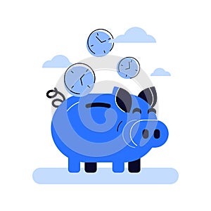 Funny blue piggy bank and falling inside