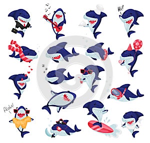 Funny Blue Shark with Fins and Toothy Mouth Engaged in Different Activity Big Vector Set