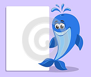 Funny blue whale with white banner or board.