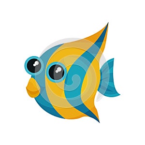 Funny blue-yellow fish with big shiny eyes. Sea animal. Cute marine creature. Flat vector element for children book