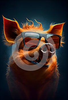 Funny boar pig with sunglasses on dark background. AI Generative