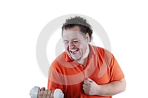 Funny bodybuilder. Fat man and dumbbells. White background. Isolated