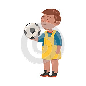 Funny Boy Athlete in Training Shoes Holding Ball Vector Illustration