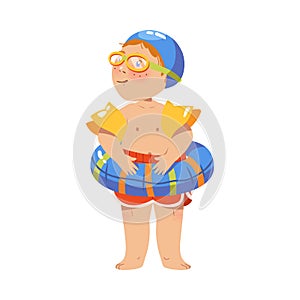 Funny Boy Athlete in Watersport Goggles Standing with Rubber Ring Vector Illustration