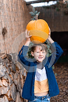 A funny boy barely holds a big pumpkin on his head