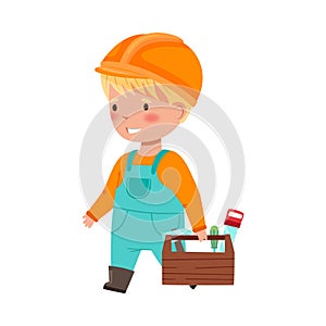 Funny Boy Builder in Hard Hat and Overall Carrying Box with Tools Vector Illustration