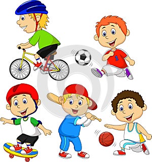 Funny boy cartoon character doing sport