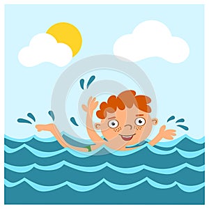 Funny boy in cartoon style swims in the sea in summer