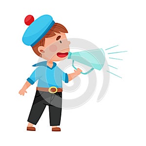 Funny Boy Character Dressed in Seaman Costume Talking Megaphone or Loudspeaker Vector Illustration