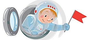 Funny boy cosmonaut or astronaut with flag