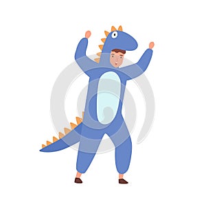 Funny boy in dinosaur costume raising hands make scaring gesture vector flat illustration. Cute male kid actor in