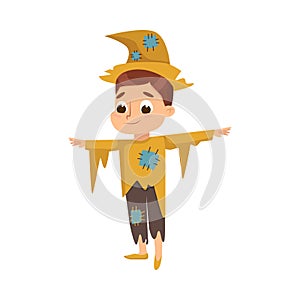 Funny Boy Dressed in Ragged Scarecrow Halloween Costume Vector Illustration