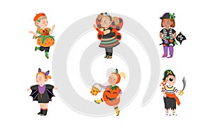 Funny Boy and Girl Dressed in Halloween Costume Vector Set