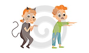 Funny Boy and Girl Dressed in Halloween Zombie and Cat Costume Vector Illustration Set