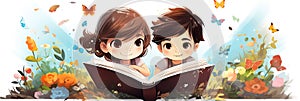 Funny Boy and girl reading fairy tales together , Generative AI