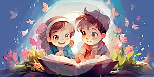 Funny Boy and girl reading fairy tales together , Generative AI