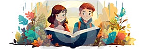 Funny Boy and girl reading fairy tales together , Generative AI