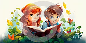 Funny Boy and girl reading fairy tales together , Generative AI