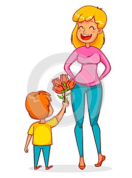 Funny boy gives a bouquet of tulips to his mother