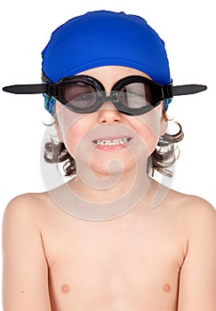 Funny boy with glasses and hat swimmer