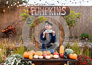 A funny boy in a hat is happy with the money he earned from selling pumpkins