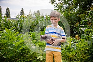 Funny boy hugging a cat with lots of love. Portrait of child holding on hands a Kitten. Playing with a cat on village countryside