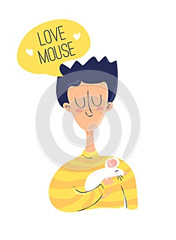 Funny boy with a mouse in his hand. Cartoon card in flat linear style