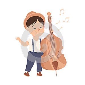 Funny Boy Playing Cello or Violoncello Musical Instrument Performing on Stage Vector Illustration