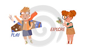 Funny Boy Playing Flying Plane and Girl Exploring Nature with Magnifying Glass Demonstrating Verb Vector Set