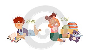 Funny Boy Reading Book and Girl Crying Out Loud Demonstrating Verb Vector Set