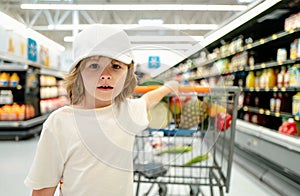 Funny boy with shopping cart full of fresh organic vegetables and fruits standing in grocery department of food store or