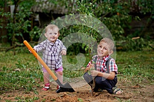 Funny boy with shovel in garden