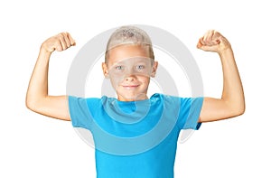 Funny boy showing his biceps muscles