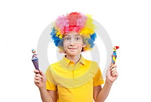 Funny boy wears colorful wig